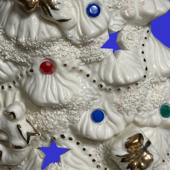 Ceramic Christmas Tree Lighted With Decorations And Gold Colored Accents - Picture 2 of 10